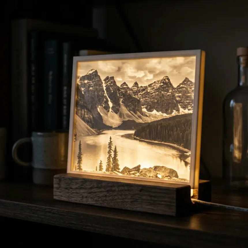 3D printed lithophane panel glowing with warm backlight showing a landscape scene