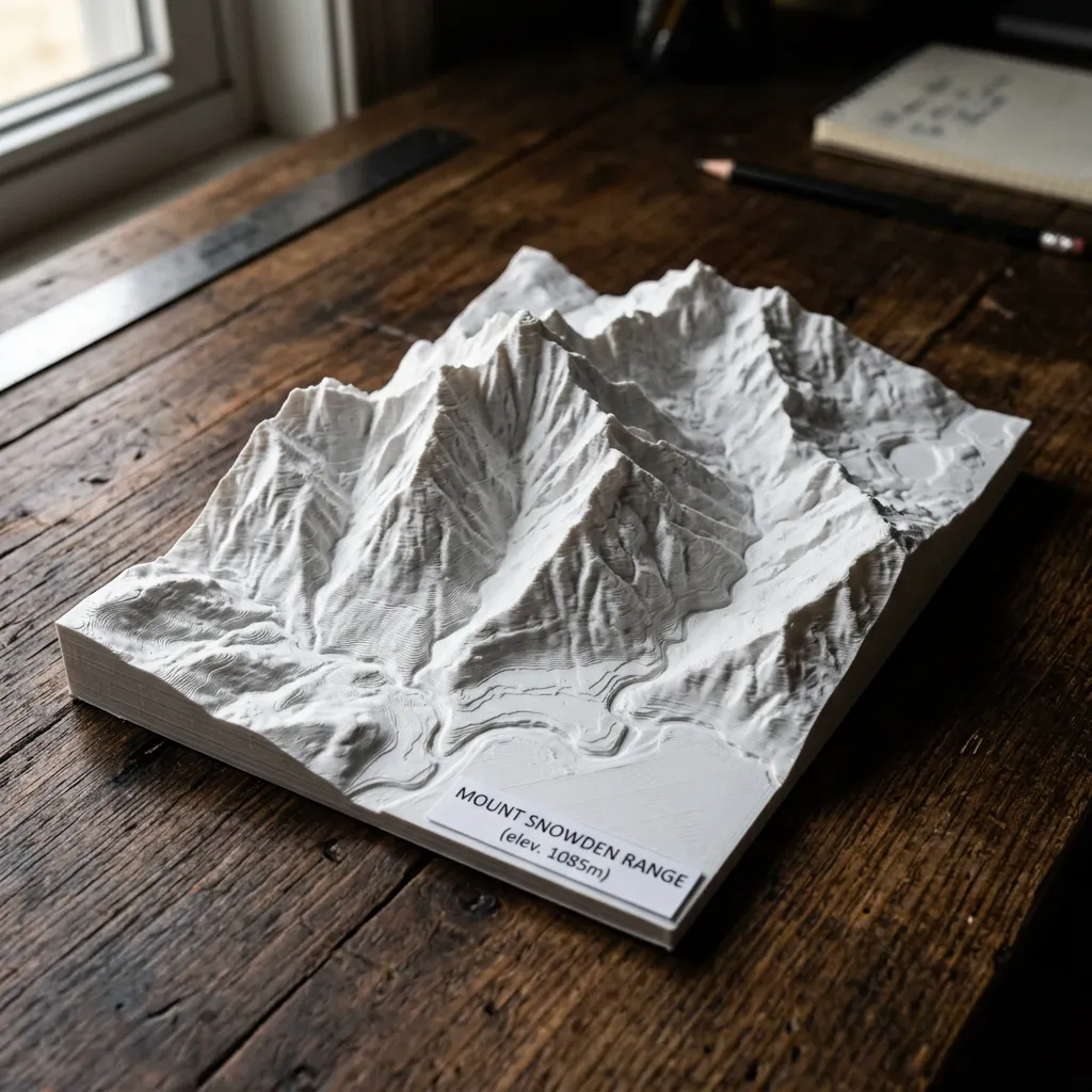 3D printed topographic terrain map showing mountain ranges with elevation detail